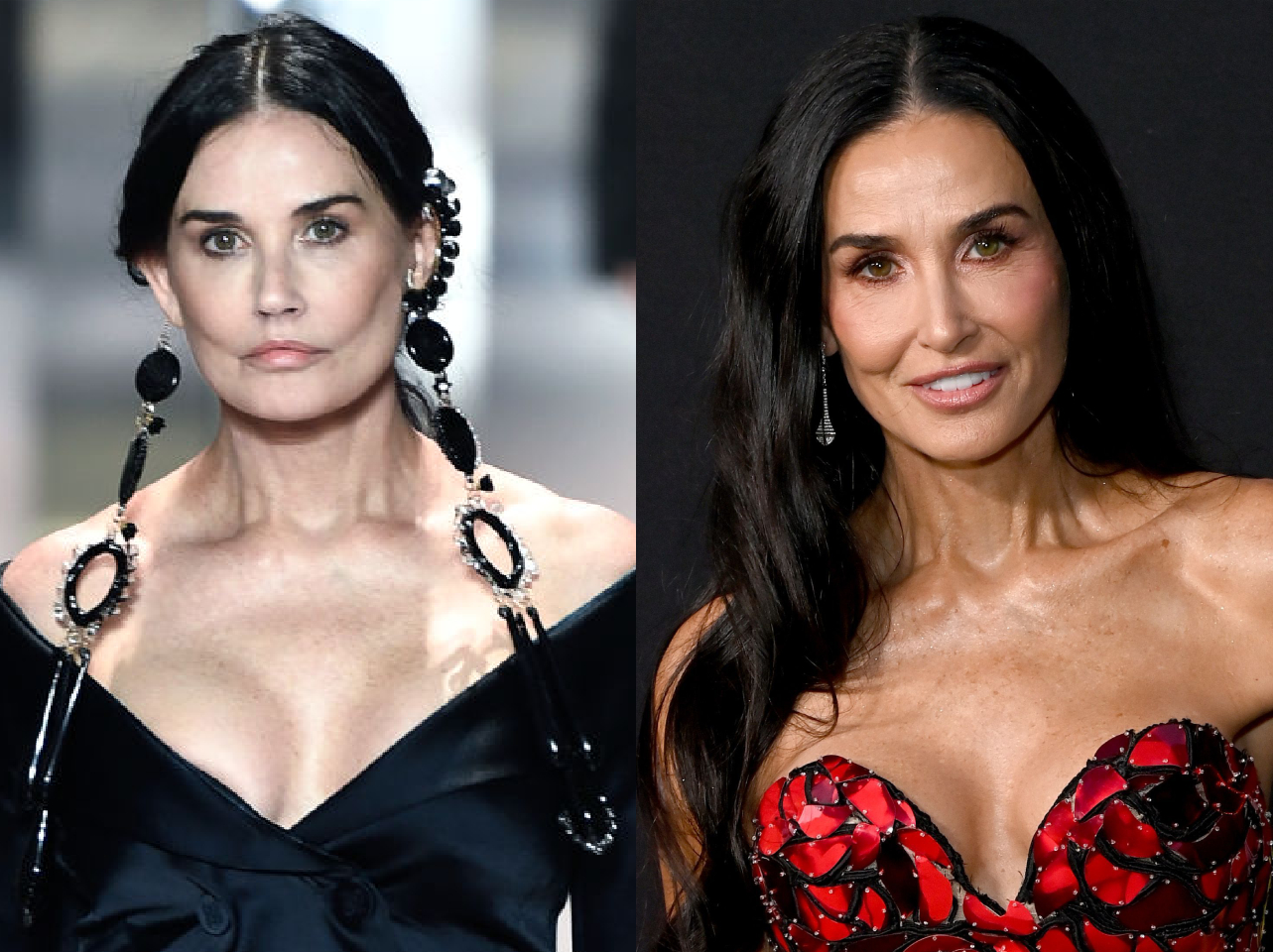 Demi Moore at the Paris Haute Couture Fashion Week, in Paris, on January 27, 2021 | Demi Moore at the Los Angeles premiere of "The Substance" on September 16, 2024, in Los Angeles, California | Sources: Getty Images