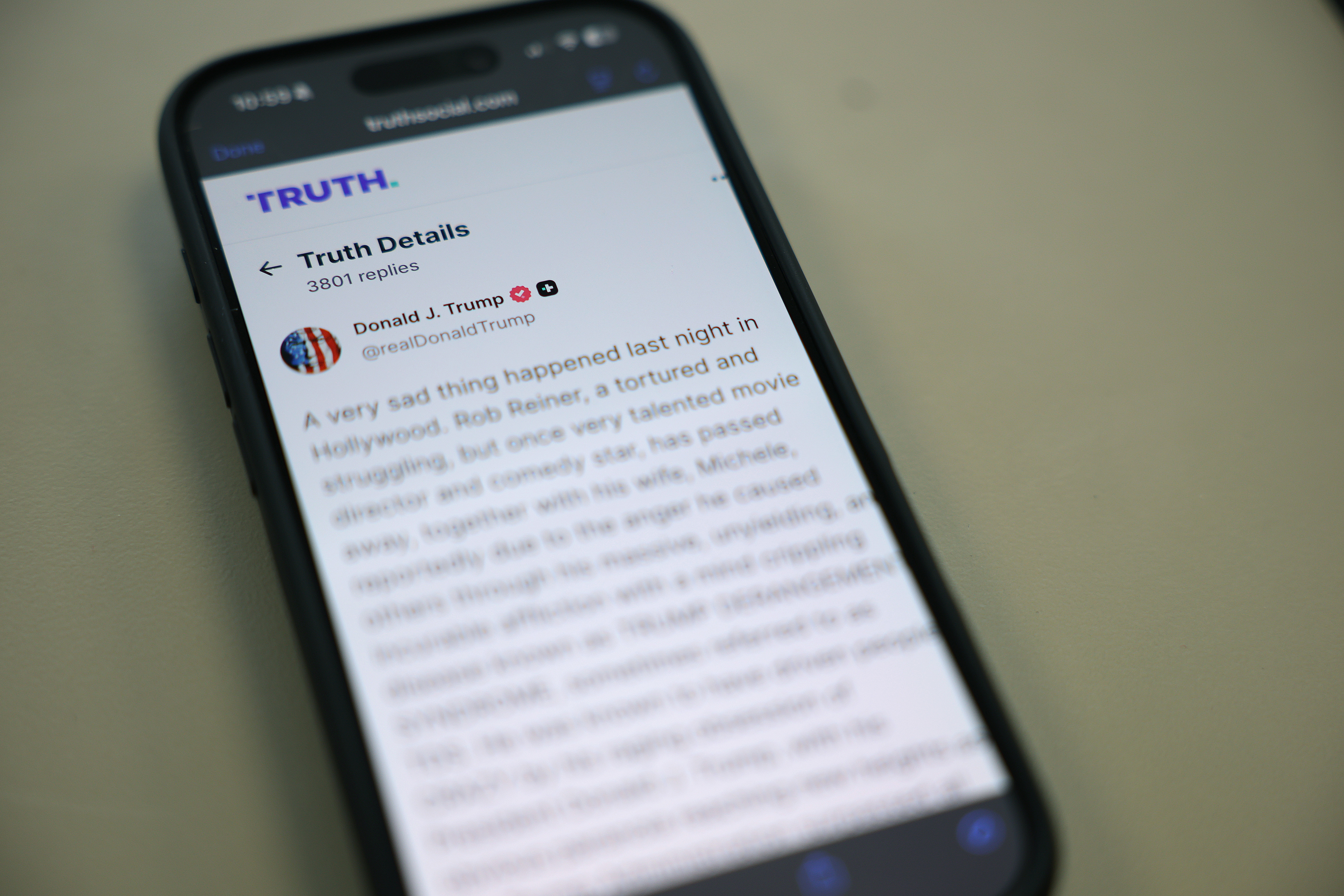 U.S. President Donald Trump's Truth Social post on the death of actor and director Rob Reiner on December 15, 2025