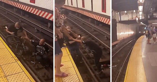 Good Samaritan helping a man stuck on the rail track | Photo: Twitter / SubwayCreatures 
