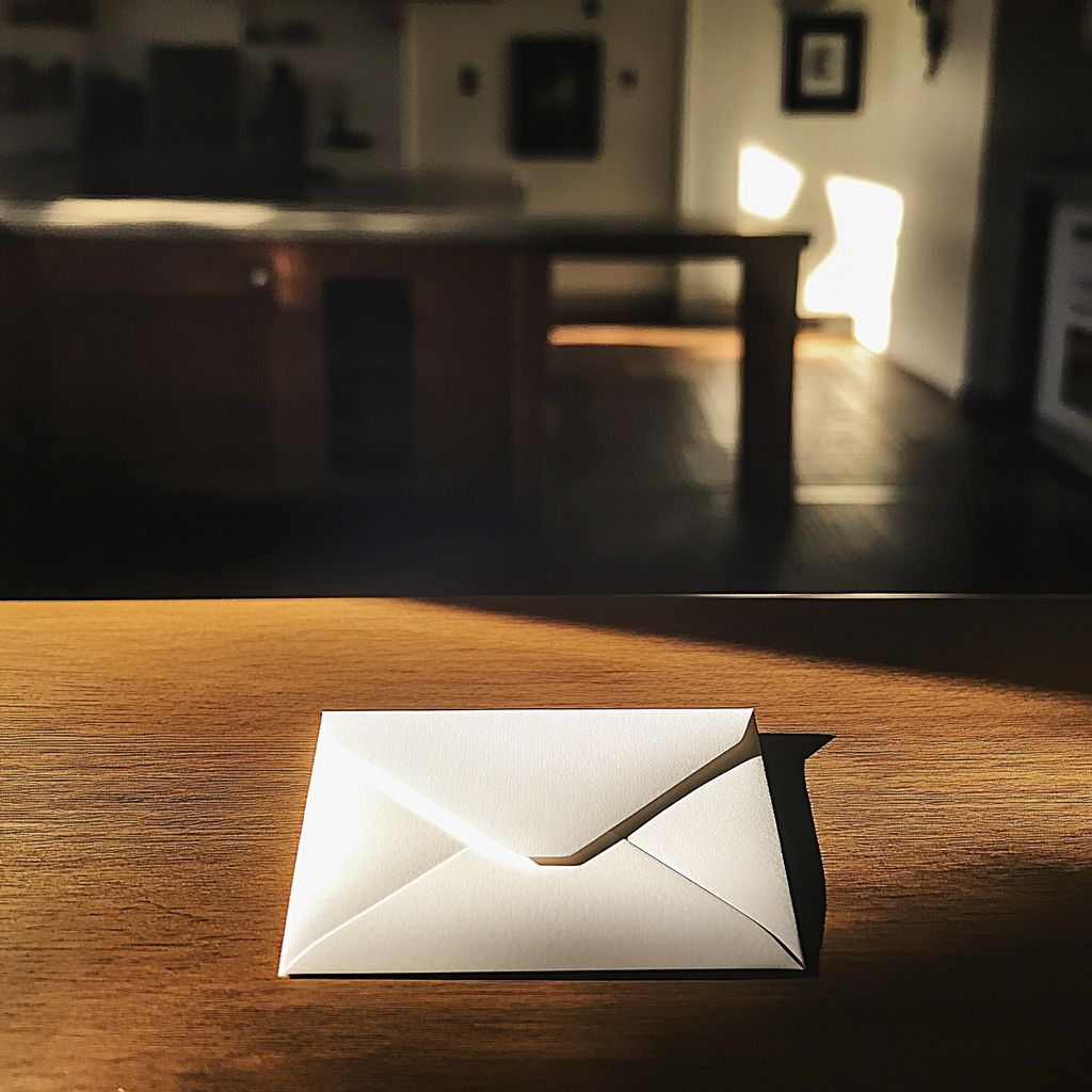 A white envelope on a table | Source: Midjourney