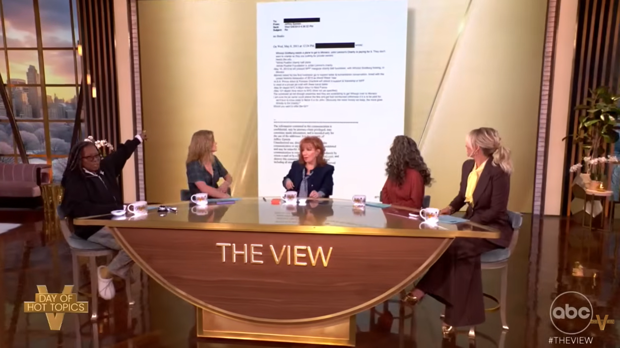 Whoopi Goldberg gestures toward a screen displaying a document during a live discussion on "The View" | Source: YouTube/TheView