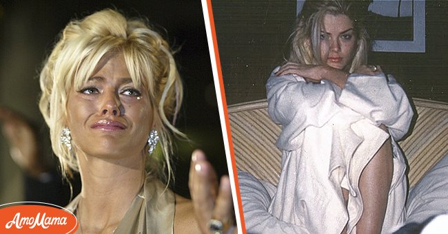 Anna Nicole Smith as a Maid of Honor at the Seminole Hard Rock Hotel and Casino on July 21, 2005 [left], Photo of Anna Nicole Smith on her bed [right] | Source: Getty Images, Youtube.com/Our History