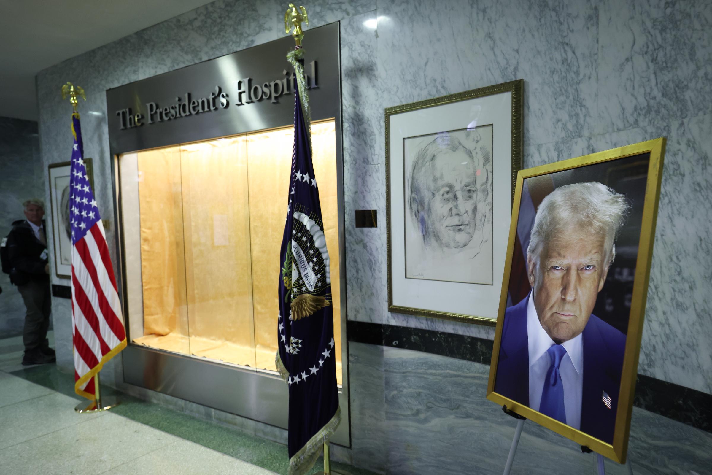A portrait of U.S. President Donald Trump is displayed in the lobby of the the Walter Reed National Military Medical Center after Trump arrived at the facility May 26, 2026 in Bethesda, Maryland | Source: Getty Images