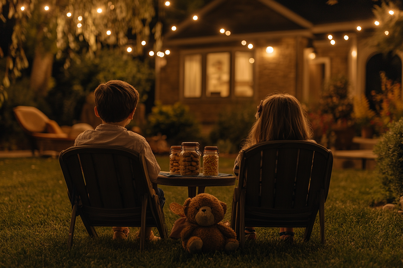 A little boy and girl sitting with cookie jars and stuffed toys outside their house | Source: Midjourney