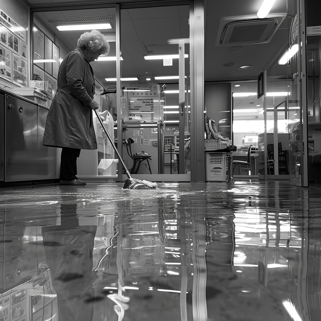 Susan tries to clean up spilled water | Source: Midjourney