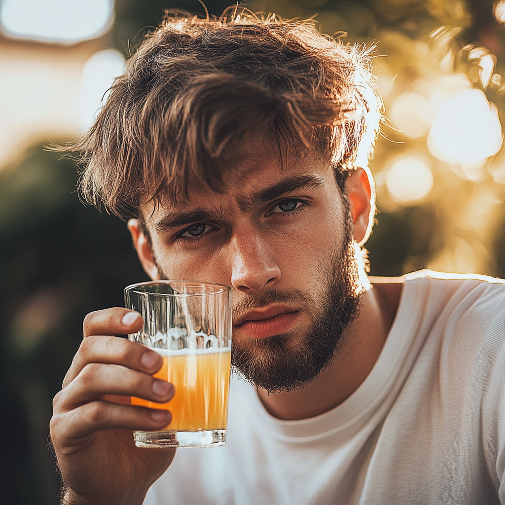 An annoyed young man holding a glass of juice | Source: Midjourney