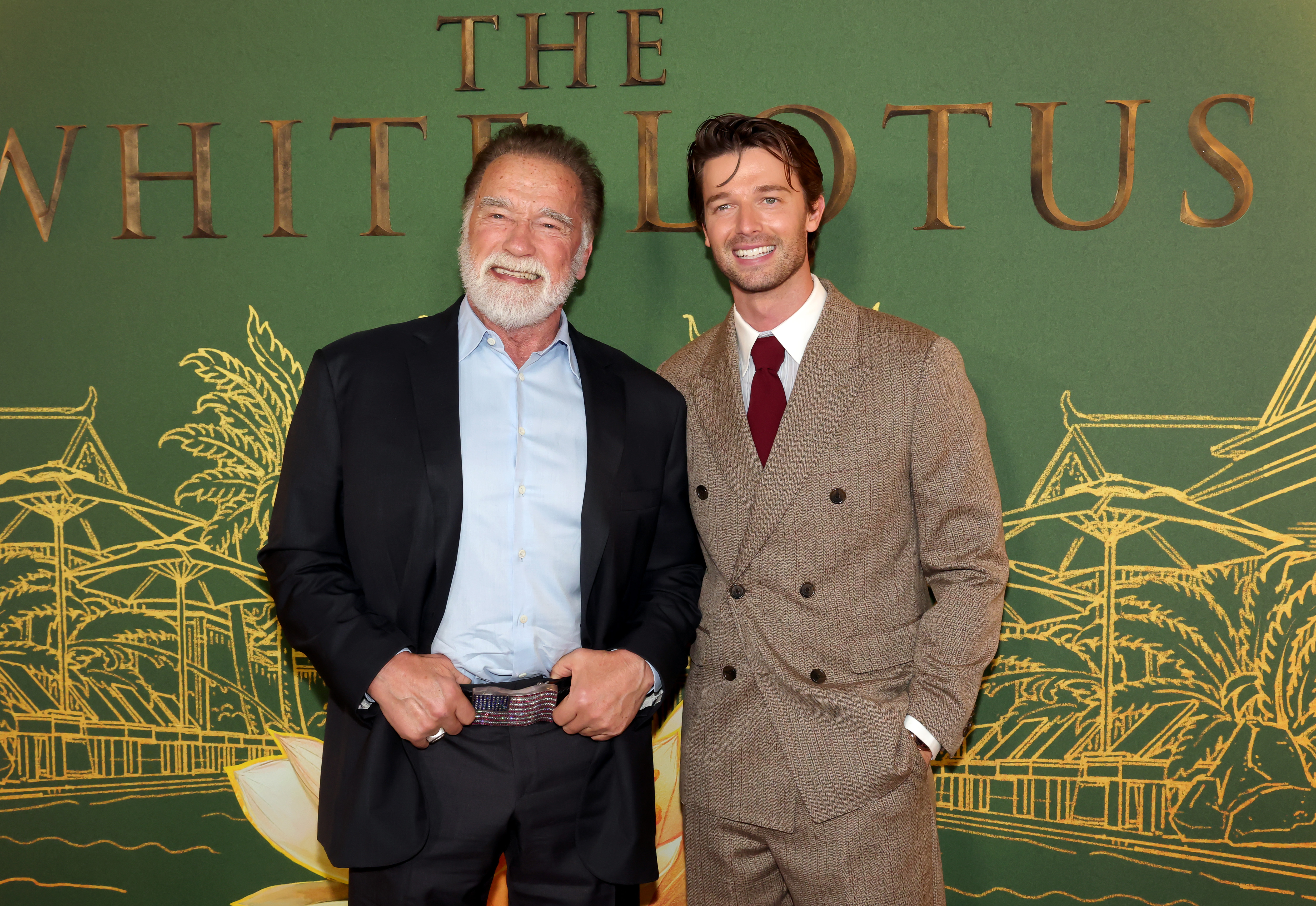 Arnold Schwarzenegger and Patrick Schwarzenegger attend the Los Angeles Premiere of HBO Original Series "The White Lotus" Season 3 at Paramount Theatre on February 10, 2025, in Los Angeles, California | Source: Getty Images