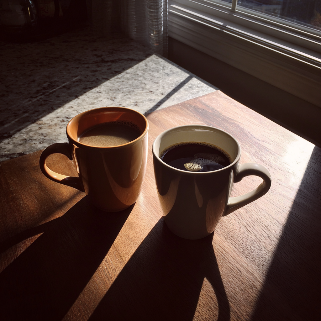 Two cups of coffee on a wooden board | Source: Midjourney