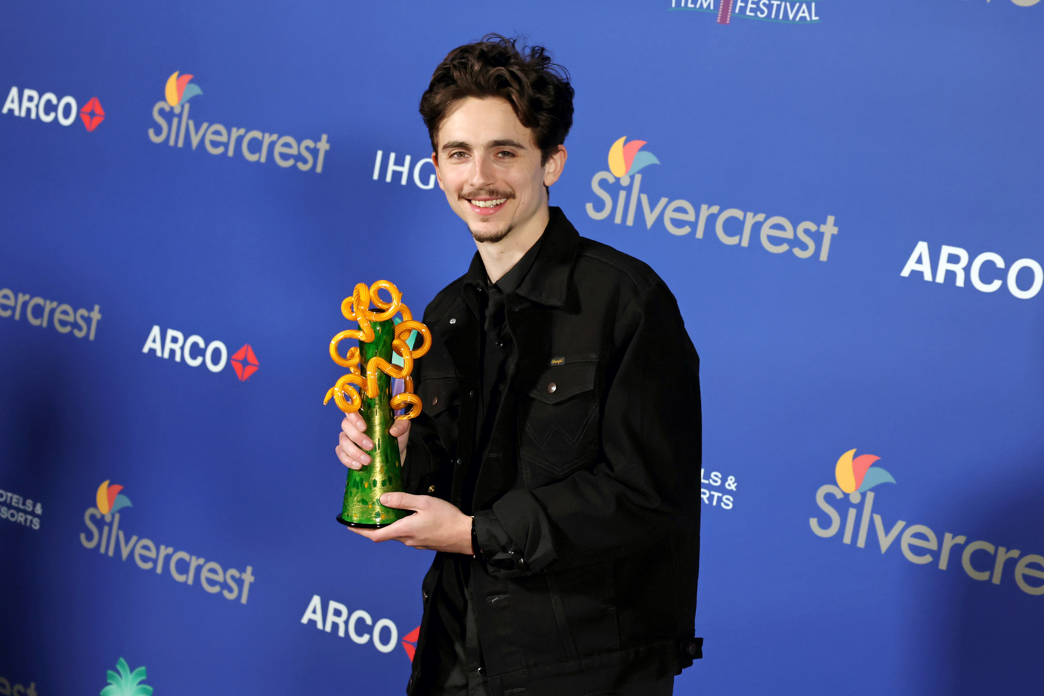 Timothée Chalamet, winner of the Chairman’s Award, attended the 36th Annual Palm Springs International Film Festival Film Awards at the Palm Springs Convention Center on January 3, 2025, in Palm Springs, California – this time back to his signature brown curly hair.