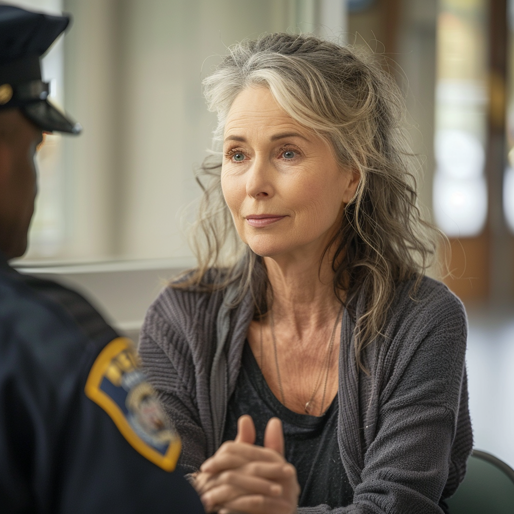 A middle-aged woman talking to a cop in a police station | Source: Midjourney