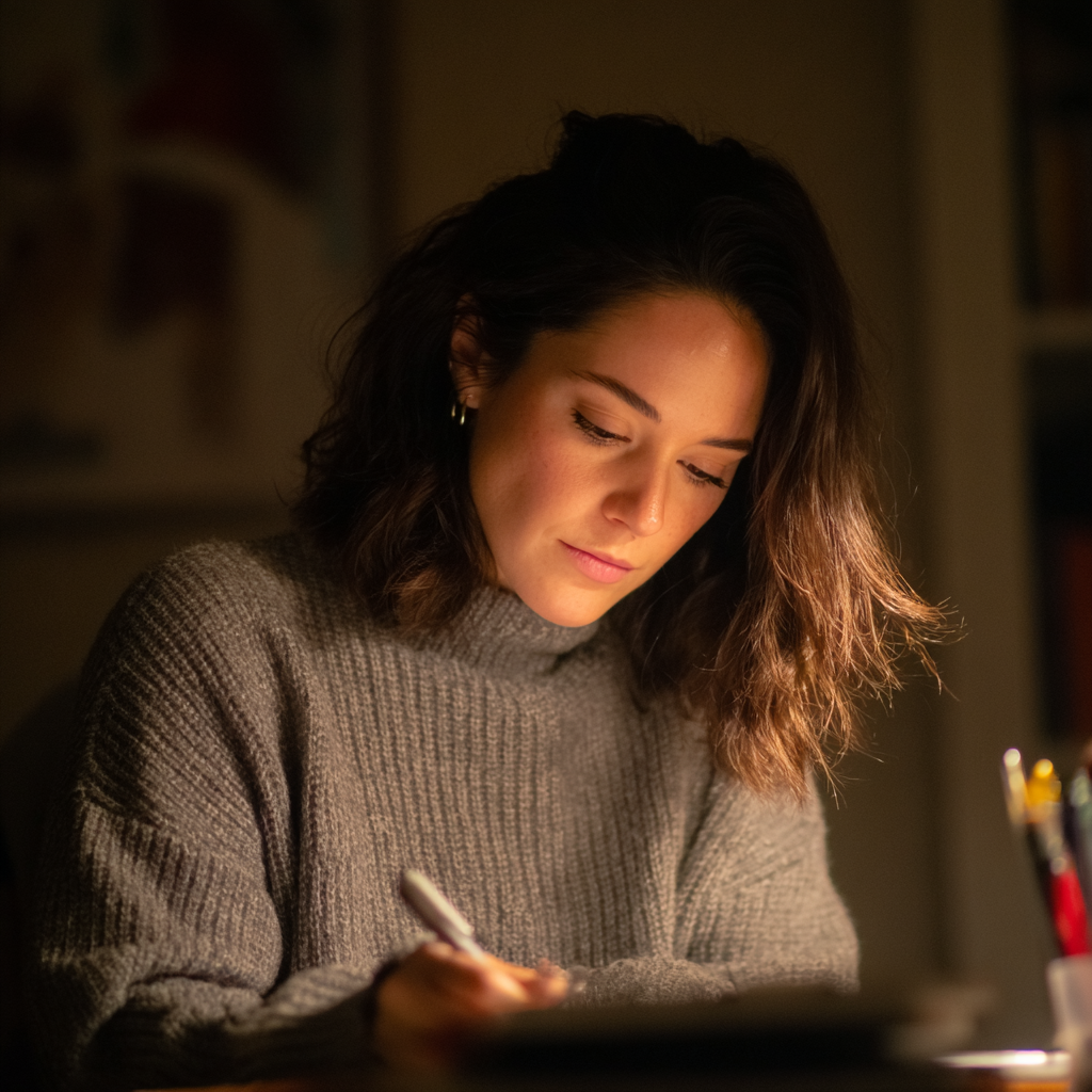 A pensive woman writing in a notebook | Source: Midjourney