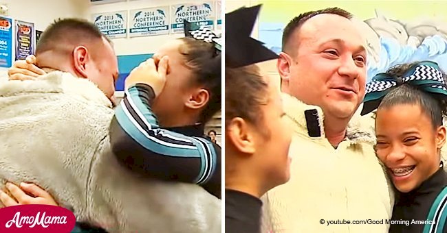 Heart-warming family reunion as military dad dresses up as school mascot to surprise daughters