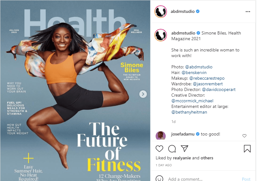 Simone Biles displays toned muscles in new magazine cover shoot | Photo: Instagram/abdmstudio