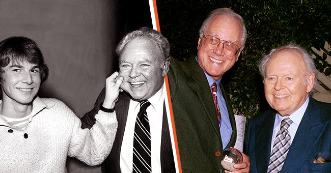 Left: Hugh O'Connor squeezes his father, Carroll O'Connor's cheek in March 1995. Right: Larry Hagman and Carroll O'Connor smiles for a picture during the Spago closing party in West Hollywood, California in March 2001. | Photo: Getty Images