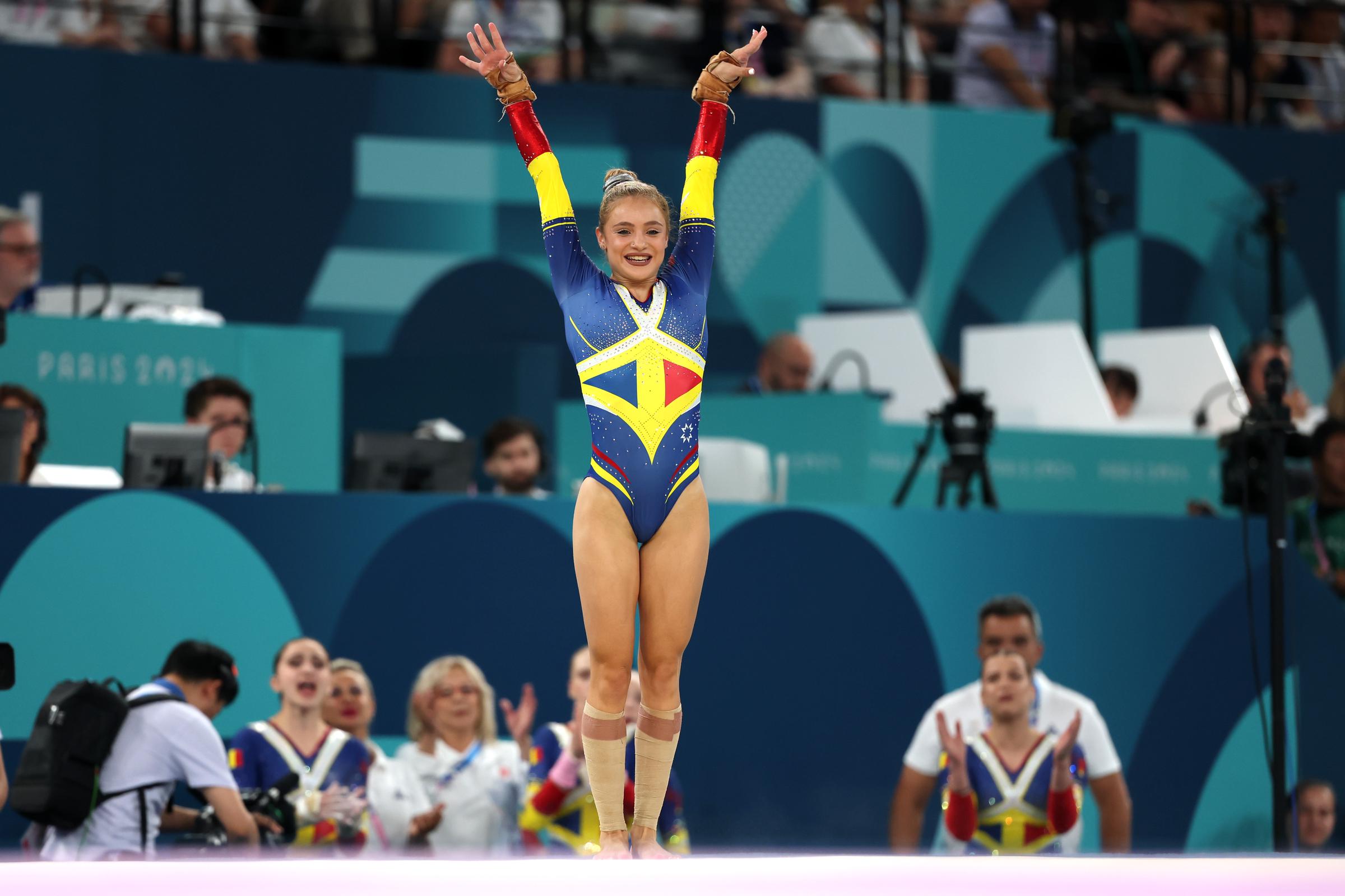 Sabrina Maneca-Voinea performing her floor routine during the Artistic Gymnastics Team Final for Women during the Paris 2024 Summer Olympic Games on July 30, in France. | Source: Getty Images