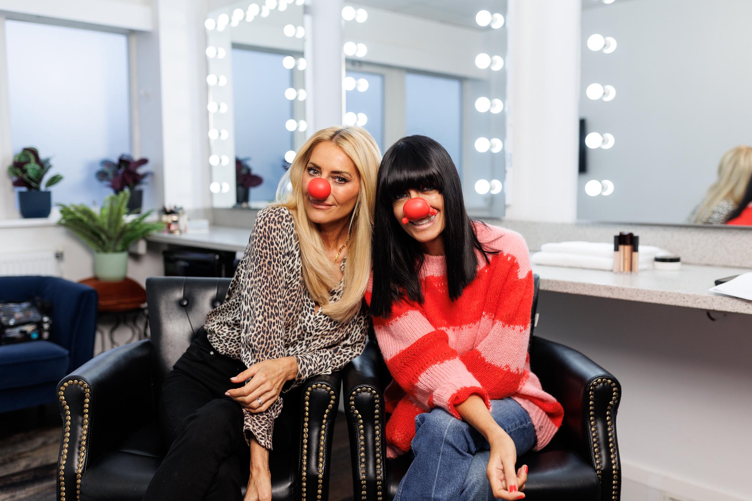Tess Daly and Claudia Winkleman during the filming of the "Strictly Come Dancing" sketch as part of the 2025 Red Nose Day campaign. | Source: Getty Images