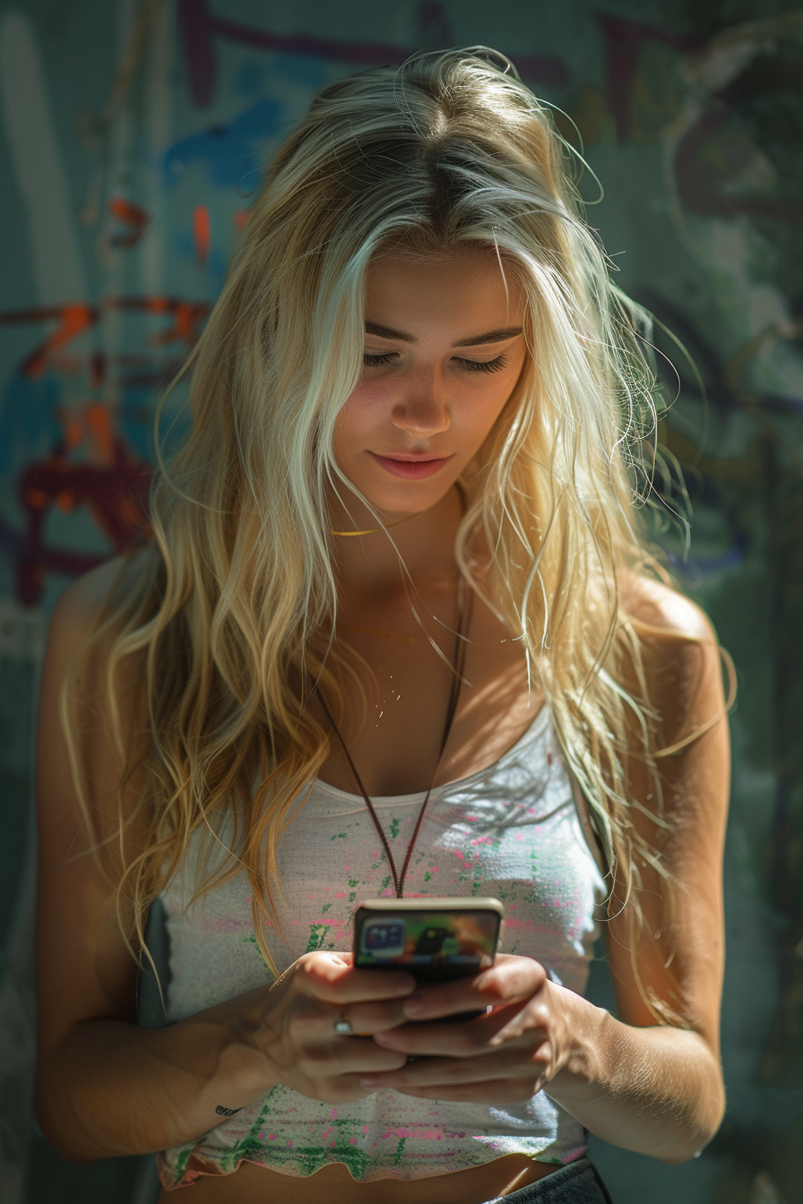 A young woman holding a phone | Source: Midjourney