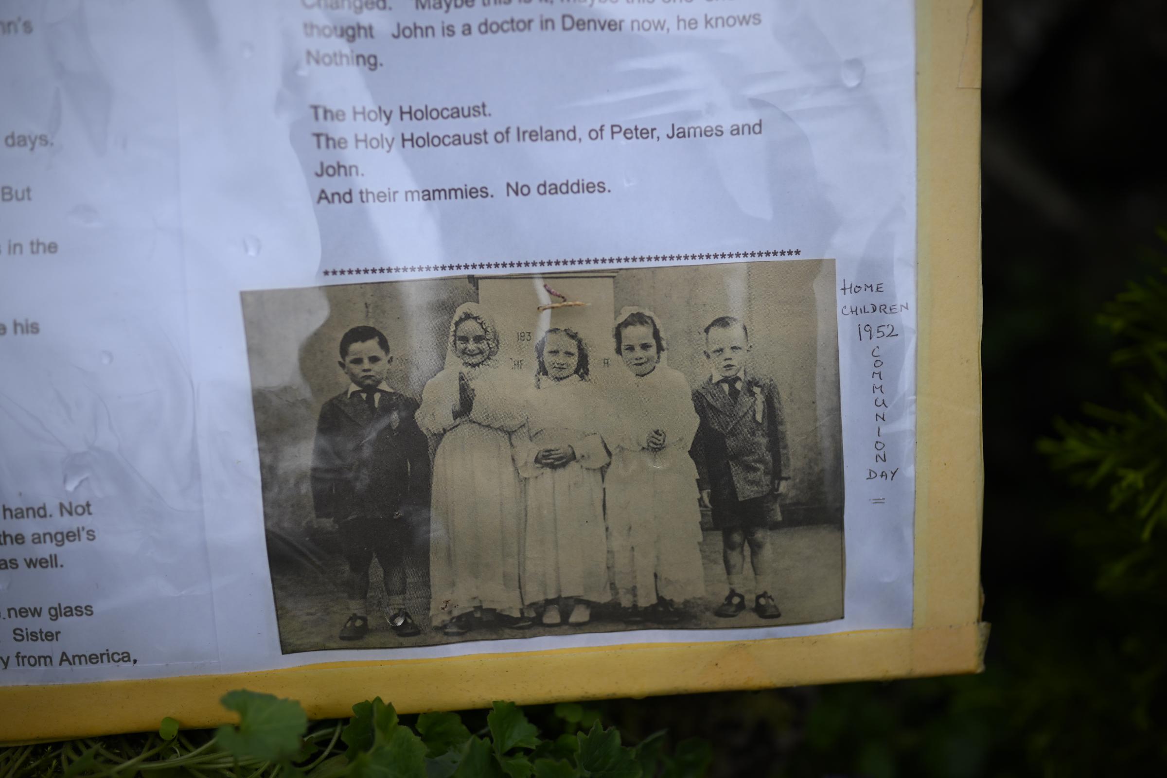 A closeup shot of an old document placed at the remembrance garden on the former site of the Bon Secours Mother and Baby home, on June 15, 2025, in Tuam, Ireland | Source: Getty Images