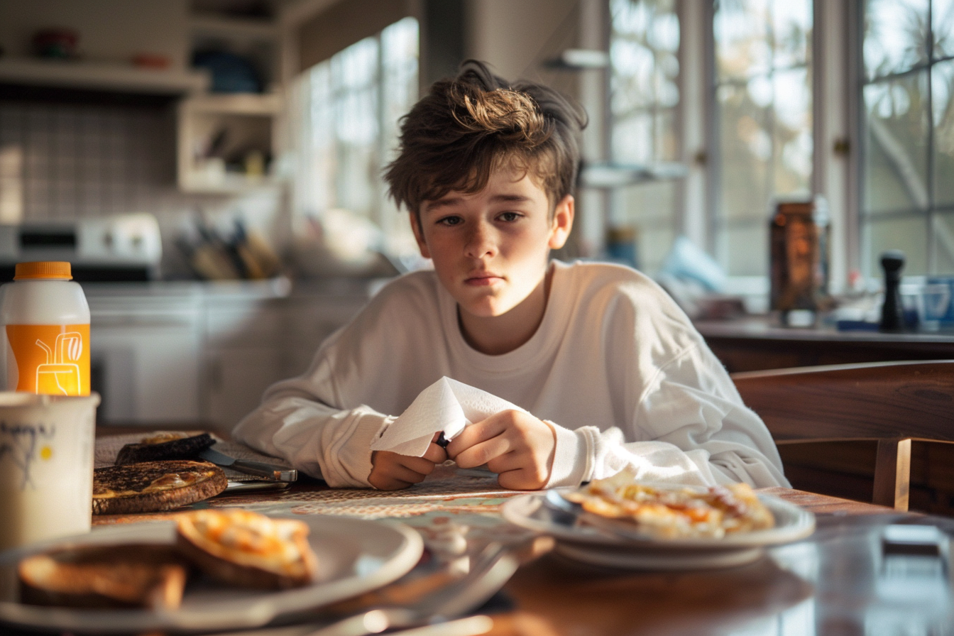 A sad boy sitting at the table | Source: Midjourney