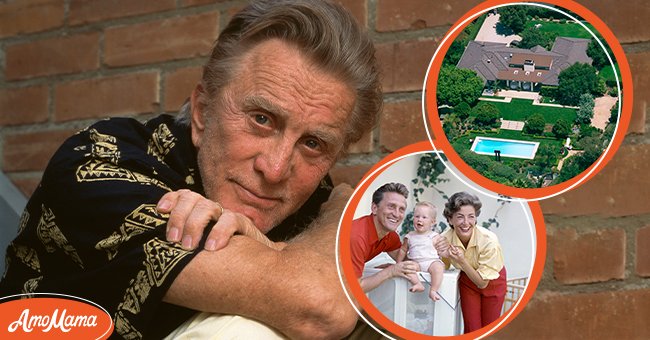 Kirk Douglas, circa 1990 [main]. Douglas's Beverly Hills mansion seen from the air in June 2001 [circle]. Douglas, his wife Anne Buydens, and their youngest son Eric circa 1958 [circle] | Photo: Getty Images