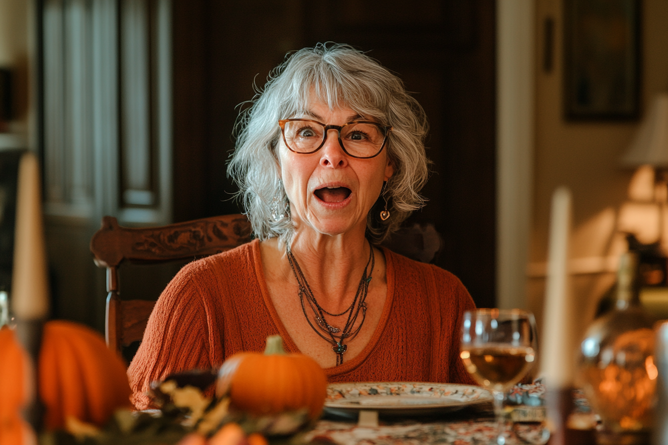 A shocked woman seated at a dining table | Source: Midjourney