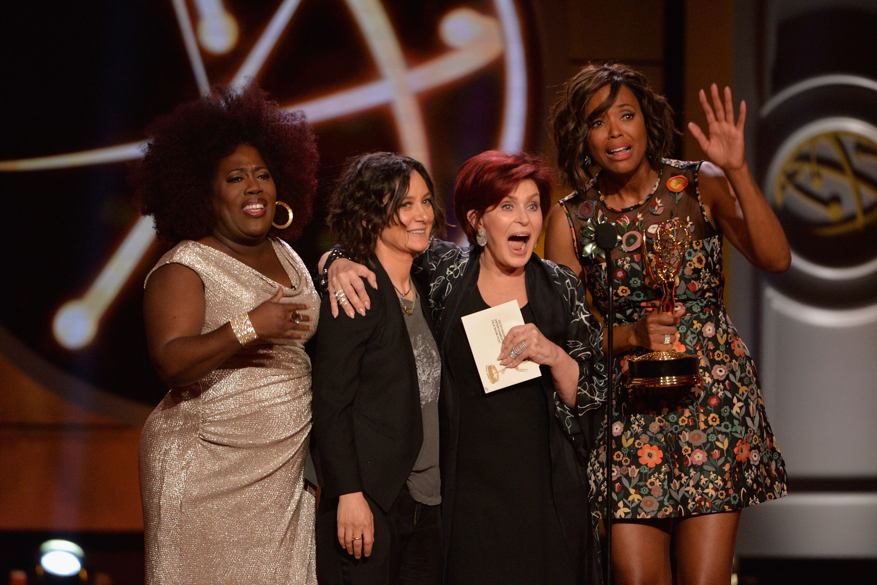 (L - R) Sheryl Underwood, Sara Gilbert, Sharon Osbourne, and Aisha Tyler accept the award for outstanding entertainment talk show host at the 44th annual Daytime Emmy Awards at Pasadena Civic Auditorium on April 30, 2017 in Pasadena, California. | Source: Getty Images