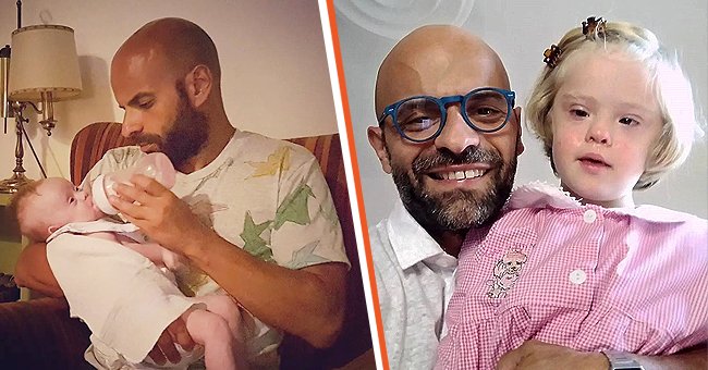 Luca Trapanese füttert Baby Alba nach der Adoption [links]; Luca Trapanese und Alba einige Jahre später [rechts] | Quelle: Instagram.com/trapaluca