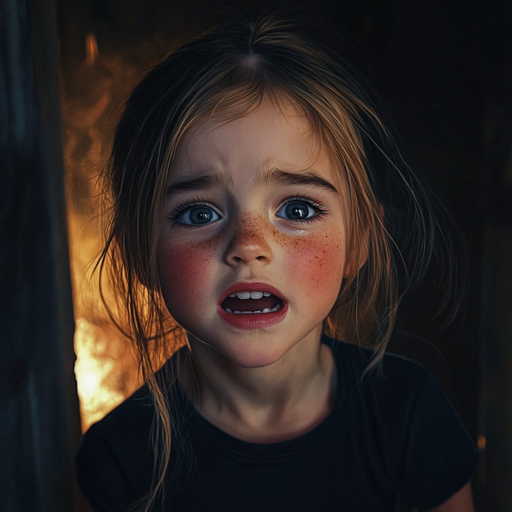 A helpless little girl in a house fire | Source: Midjourney