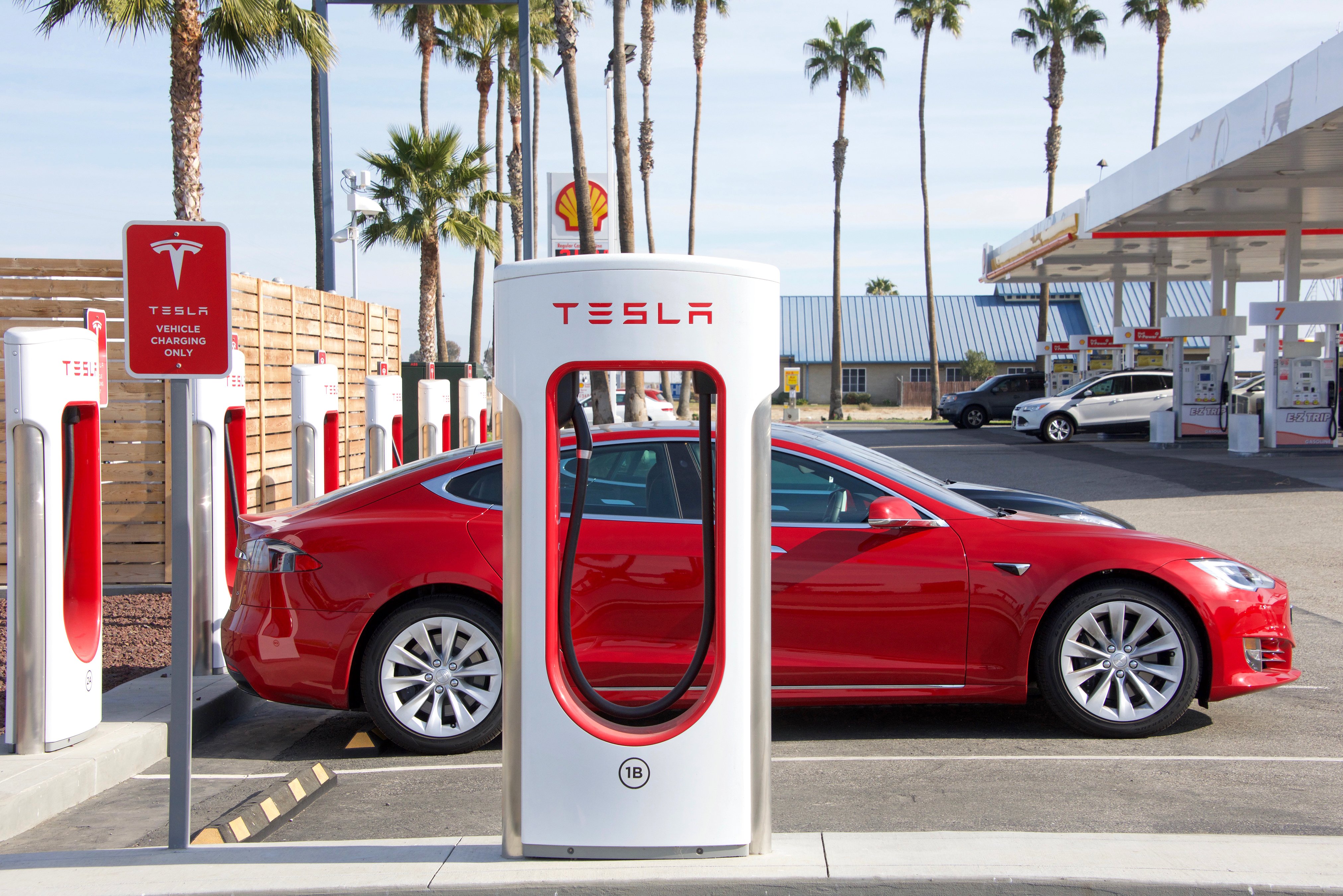 Vehículo Tesla junto a cargador eléctrico. | Foto: Shutterstock