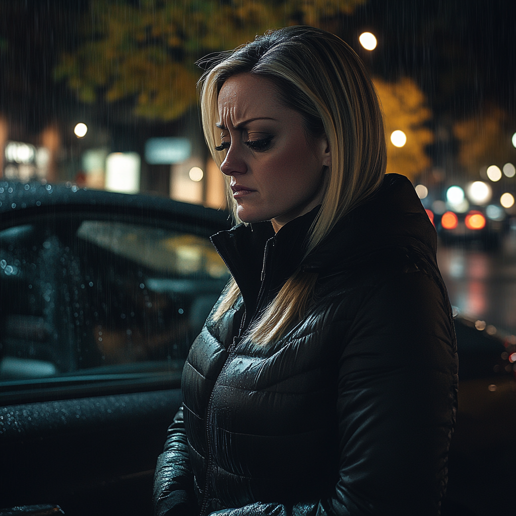 A woman looks down while standing beside her car in the pouring rain | Source: Midjourney