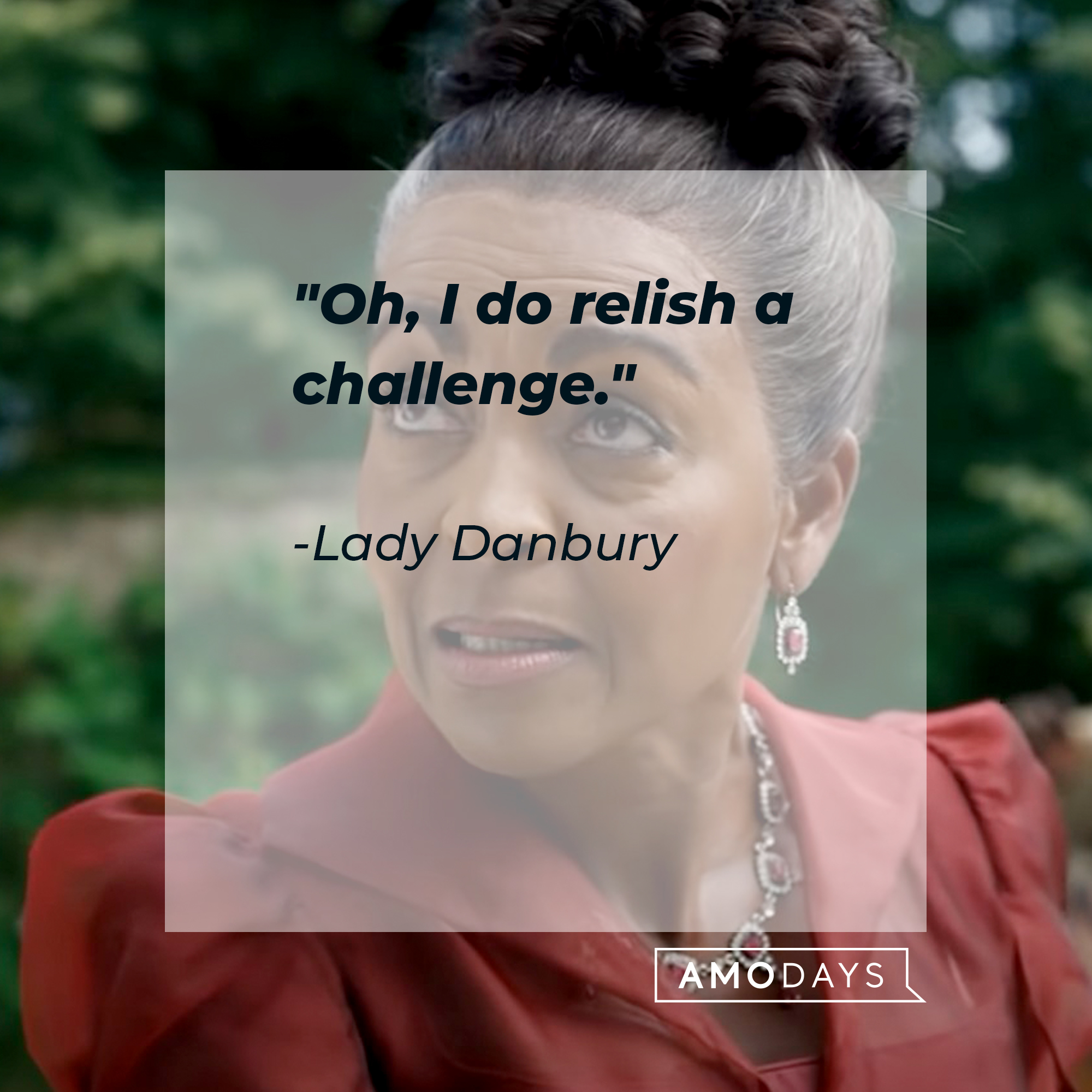 An image of Lady Danbury with her  quote: "Oh, I do relish a challenge.” │Source: youtube.com/Netflix