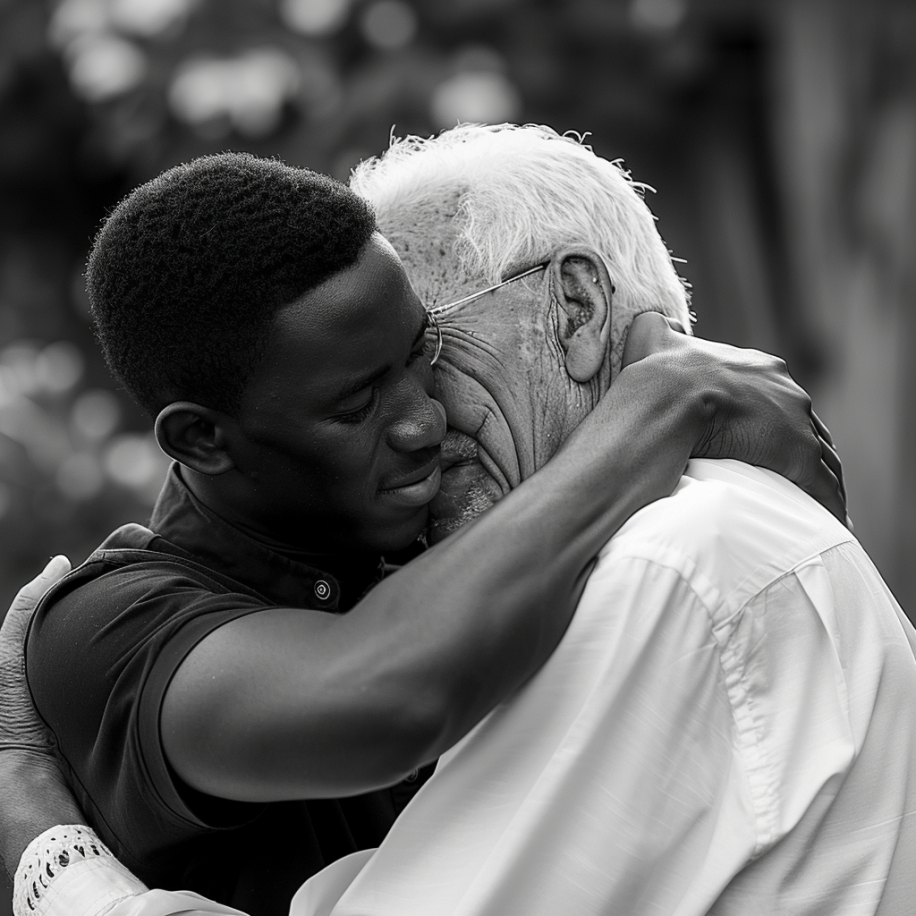 A black man hugging his white foster dad | Source: Midjourney