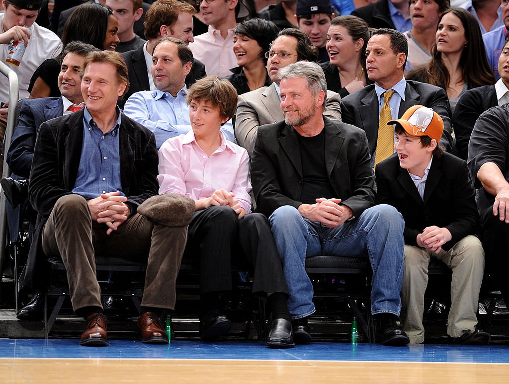Liam Neeson, Michael Neeson, Aidan Quinn and Daniel Neeson attending New Jersey Nets vs New York Knicks game at Madison Square Garden on April 15, 2009 in New York City. / Source: Getty Images