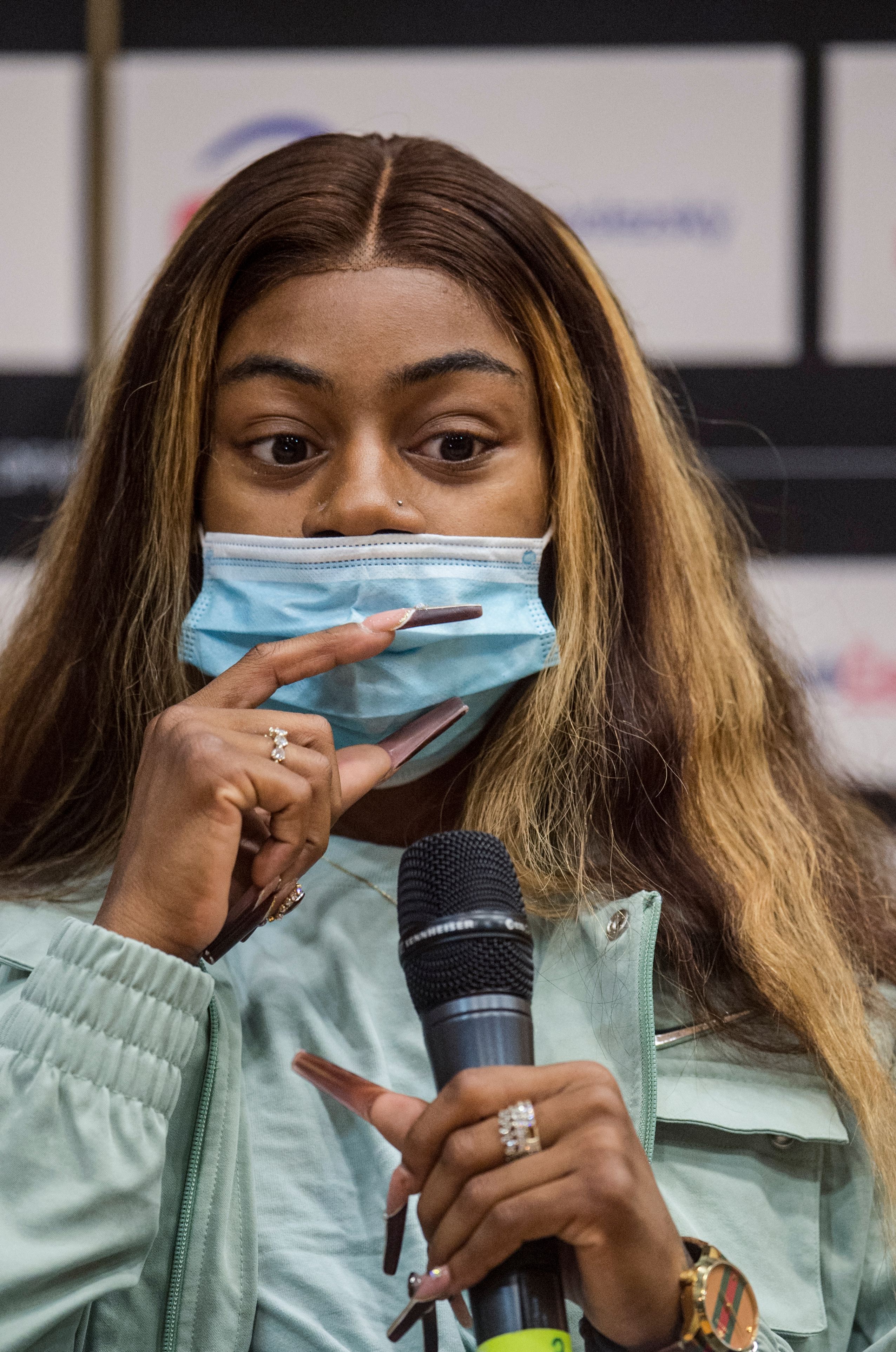 Sha'Carri Richardson during a press conference on May 18, 2021, in Ostrava. | Source: Getty Images