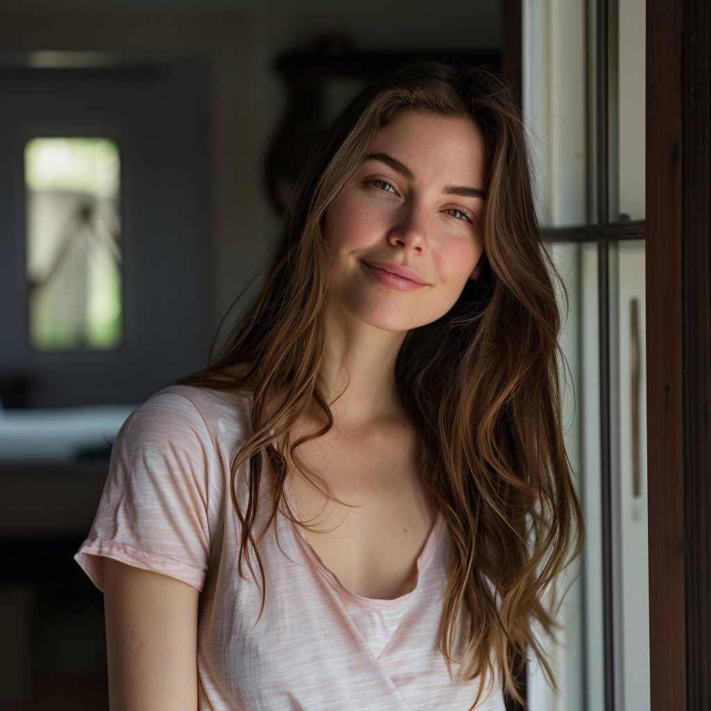 A woman smiles confidently while standing near a door | Source: Midjourney