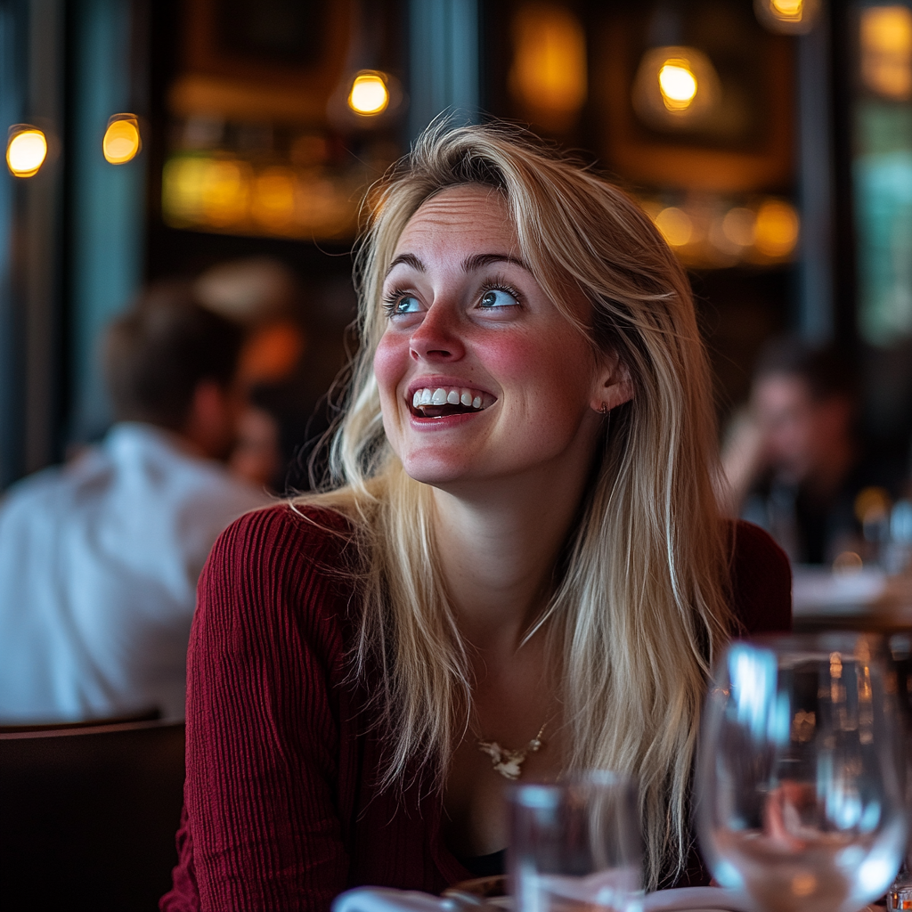 A woman laughs while sitting in an upscale restaurant | Source: Midjourney