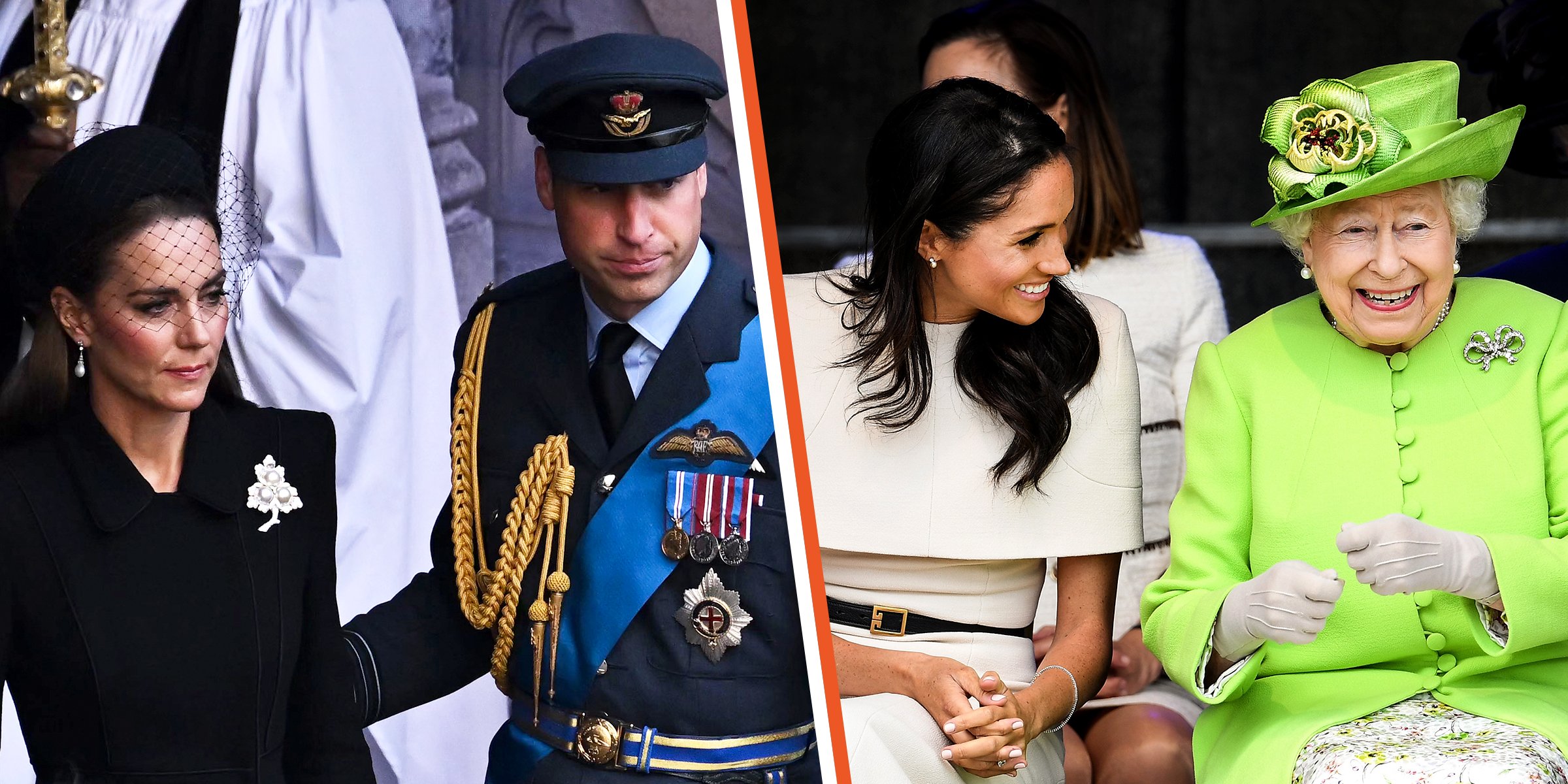 Princess Kate and Prince William, 2022 | Duchess Meghan and Queen Elizabeth II, 2018 | Source: Getty Images