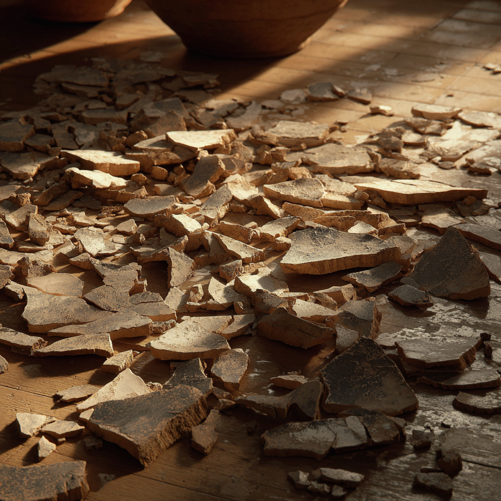 Shards of broken pottery pieces lying on the floor | Source: Midjourney