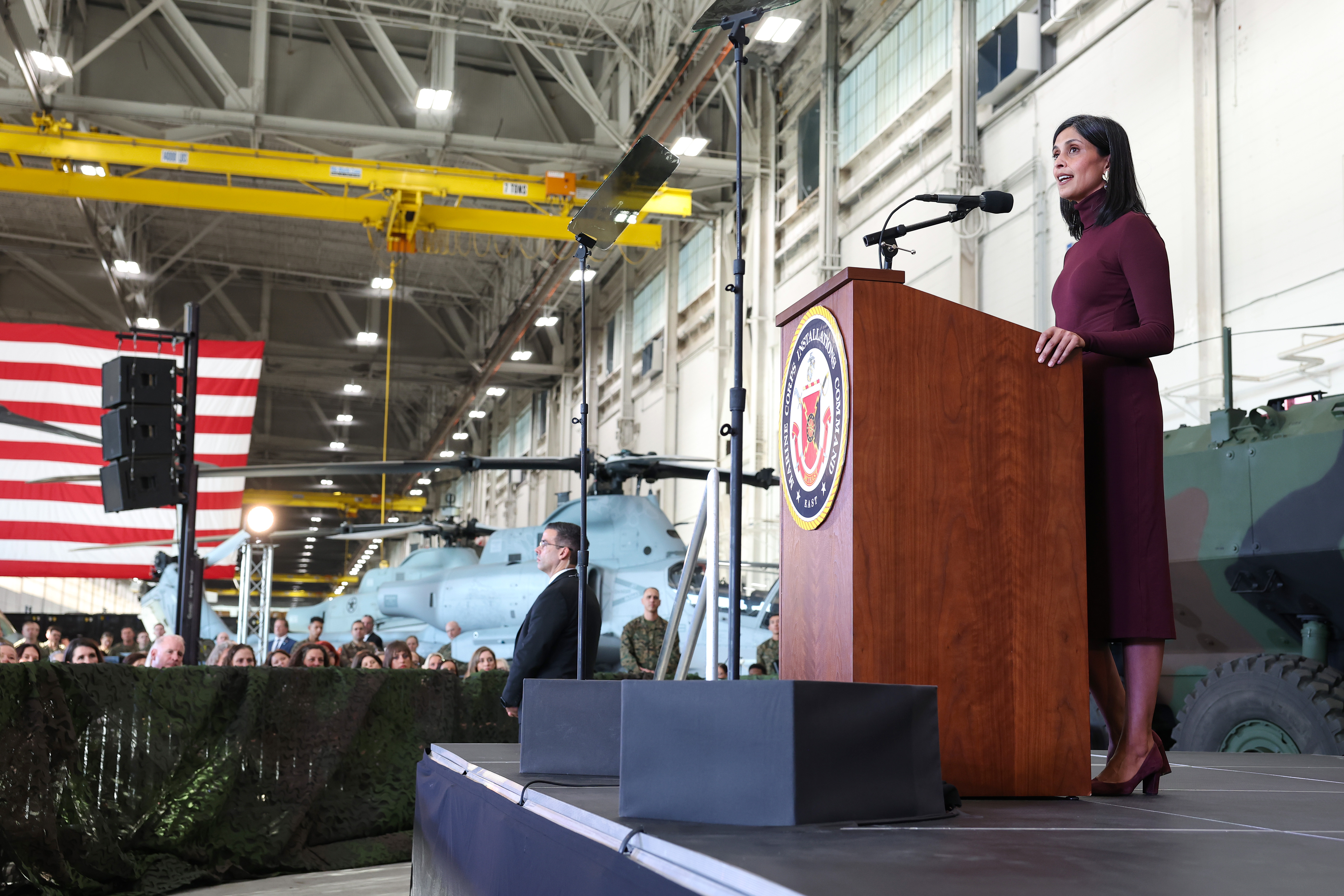 Second Lady Usha Vance delivers remarks to military personnel and their families during a visit to MV-22 Mega Hangar on Marine Corps Air Station New River on November 19, 2025 | Source: Getty Images