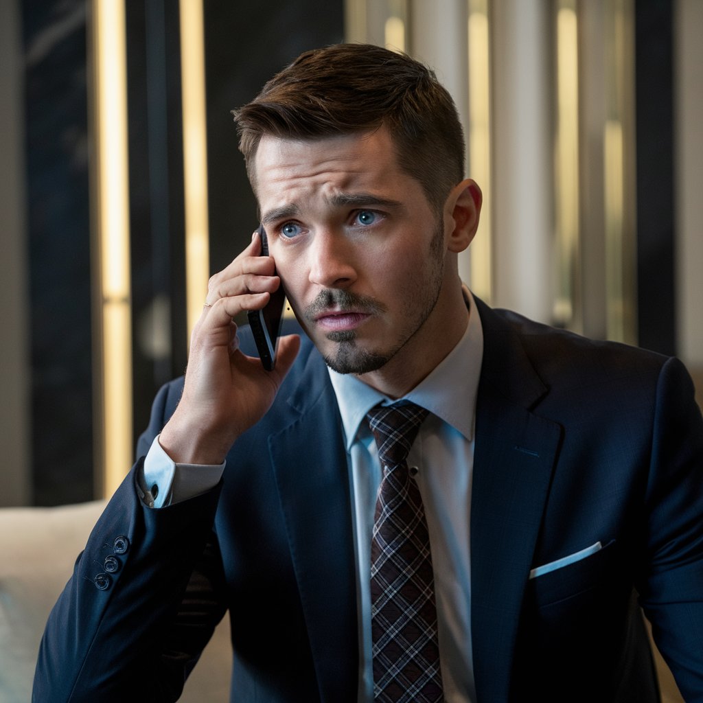 A man in a smart suit, talking on a mobile phone, looking worried | Source: Midjourney