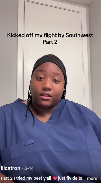 Despite being rebooked onto another flight, Catron said she was determined to share her story so others in similar situations would know they were not alone. | Source: TikTok/@lilcatron