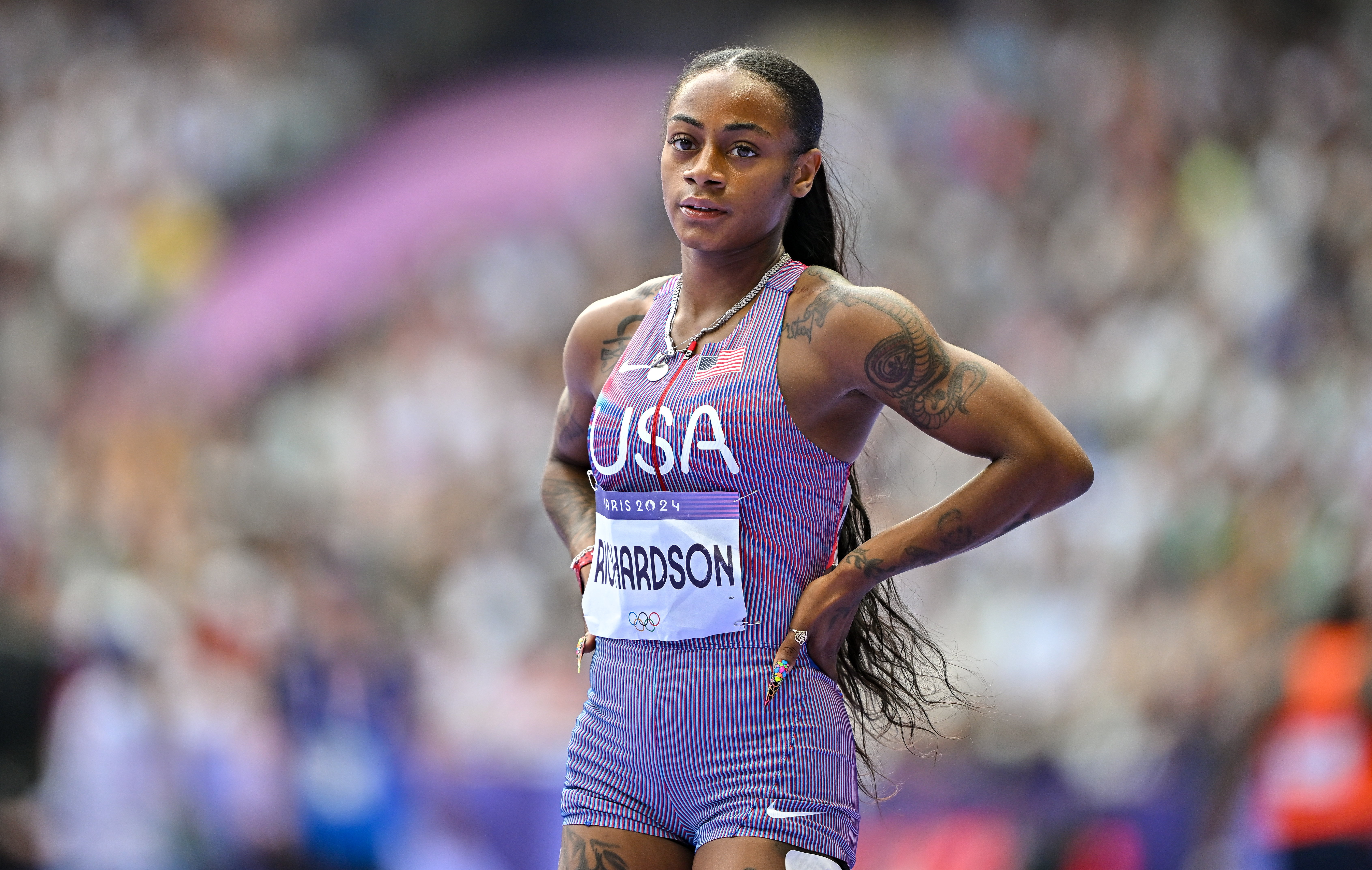 Sha'Carri Richardson after winning her Women's 100m Round 1 Heat during the 2024 Paris Summer Olympic Games on August 2, 2024, in Paris, France. | Source: Getty Images