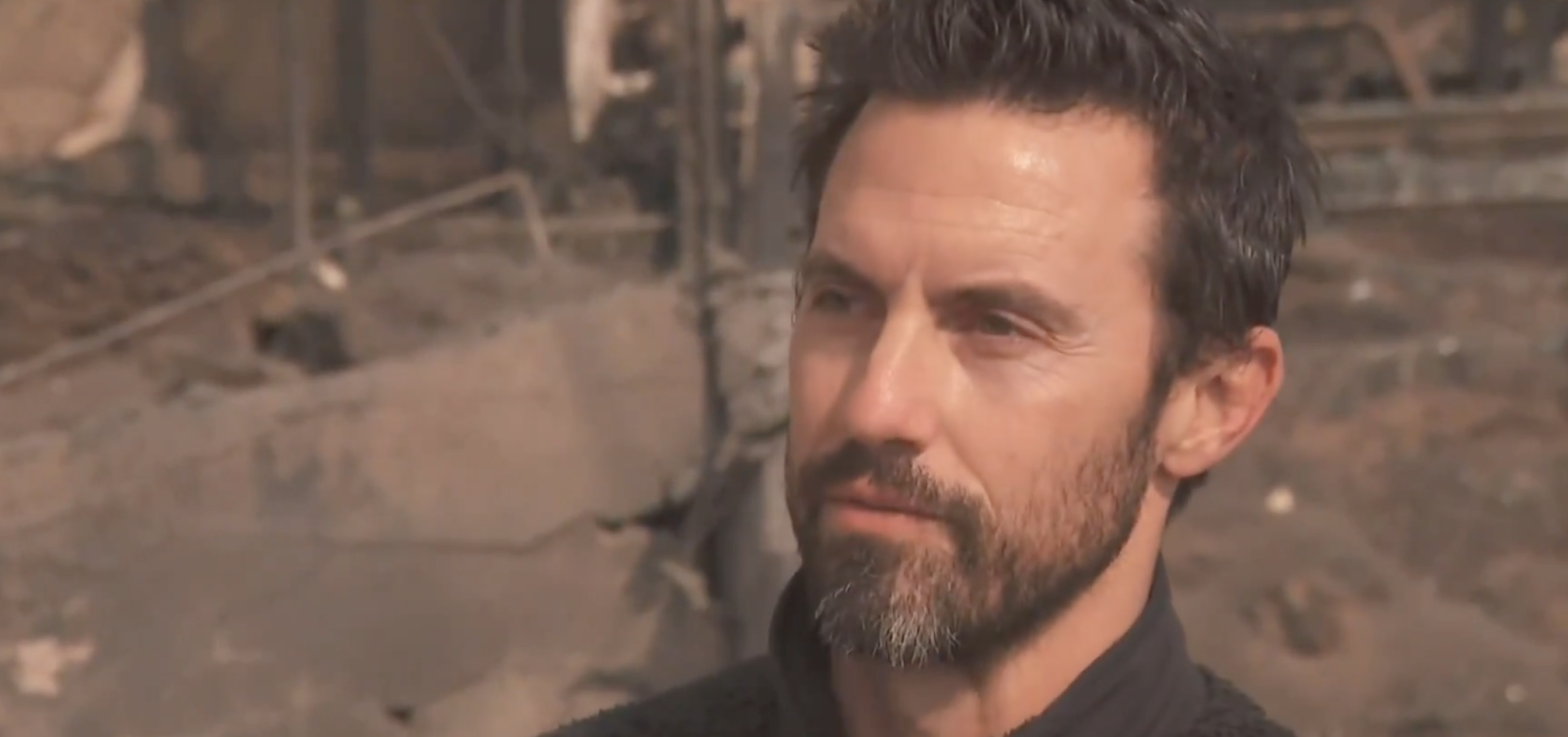 Milo Ventimiglia in his neighborhood after the devastating Los Angeles wildfires. | Source: X/CBS Evening News