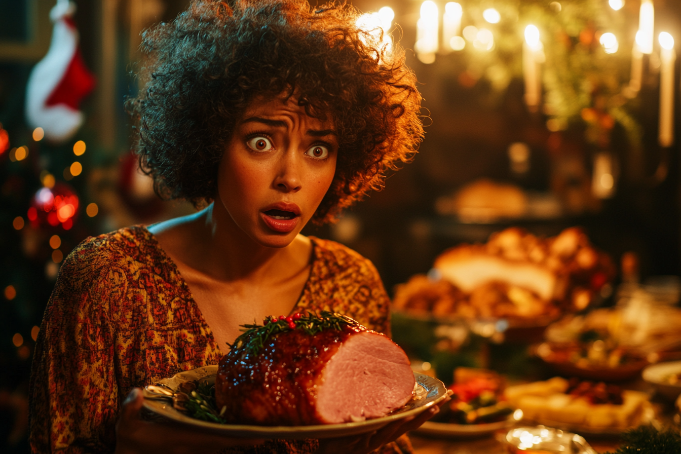 A woman looking surprised while holding a Christmas ham | Source: Midjourney