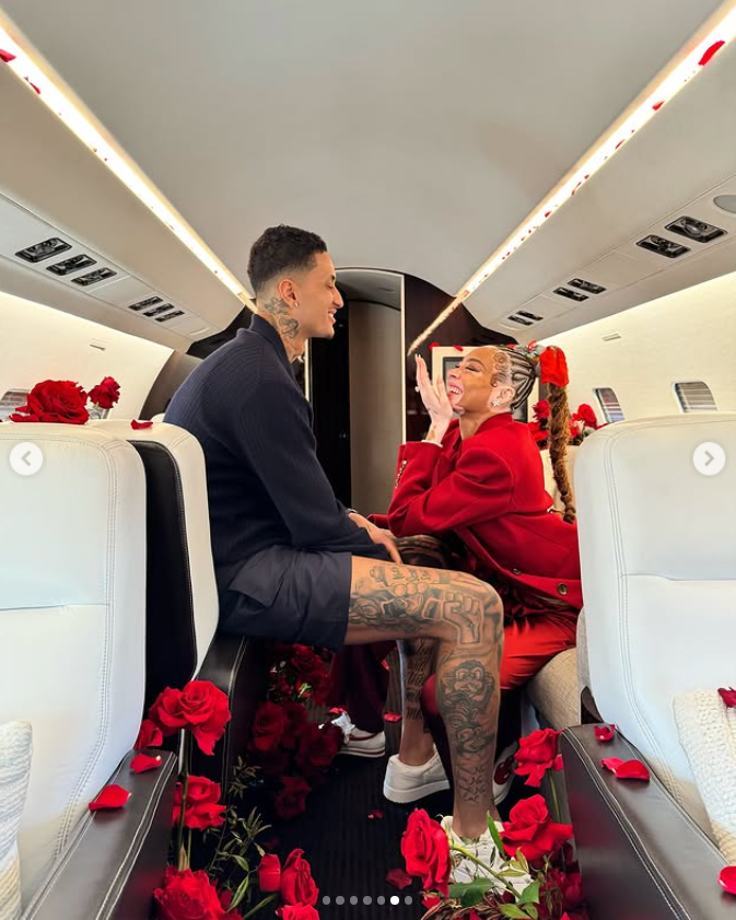 Kyle Kuzma and Winnie Harlow sit across from each other inside the jet, sharing a joyful moment as she reacts to the proposal | Source: Instagram/winnieharlow