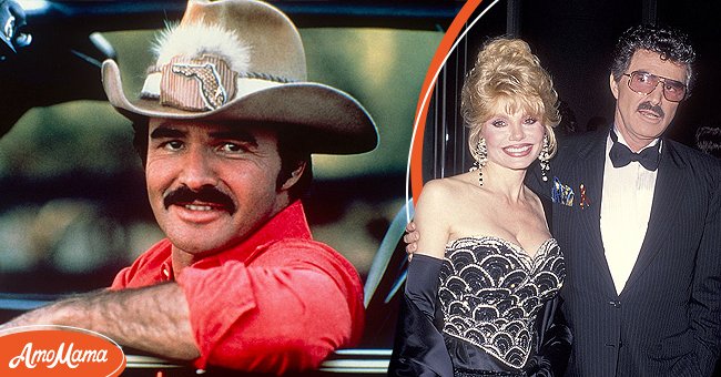 Burt Reynolds in the car for "Smoky and The Bandit," in 1970, New York [Left]. Loni Anderson and Burt Reynolds pictured at the Friars Club of California's 14th Annual Lifetime Achievement Award Salute to Burt Reynolds, 1993 [Right] | Photo: Getty Images