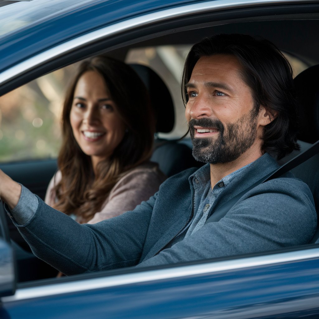 A happy-looking couple driving in a vehicle | Source: Midjourney