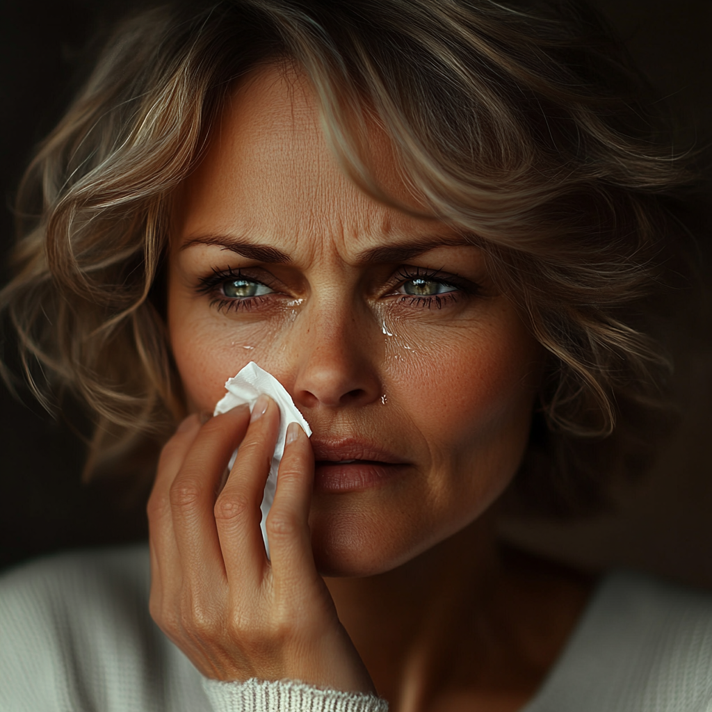 An emotional senior woman wiping her tears | Source: Midjourney