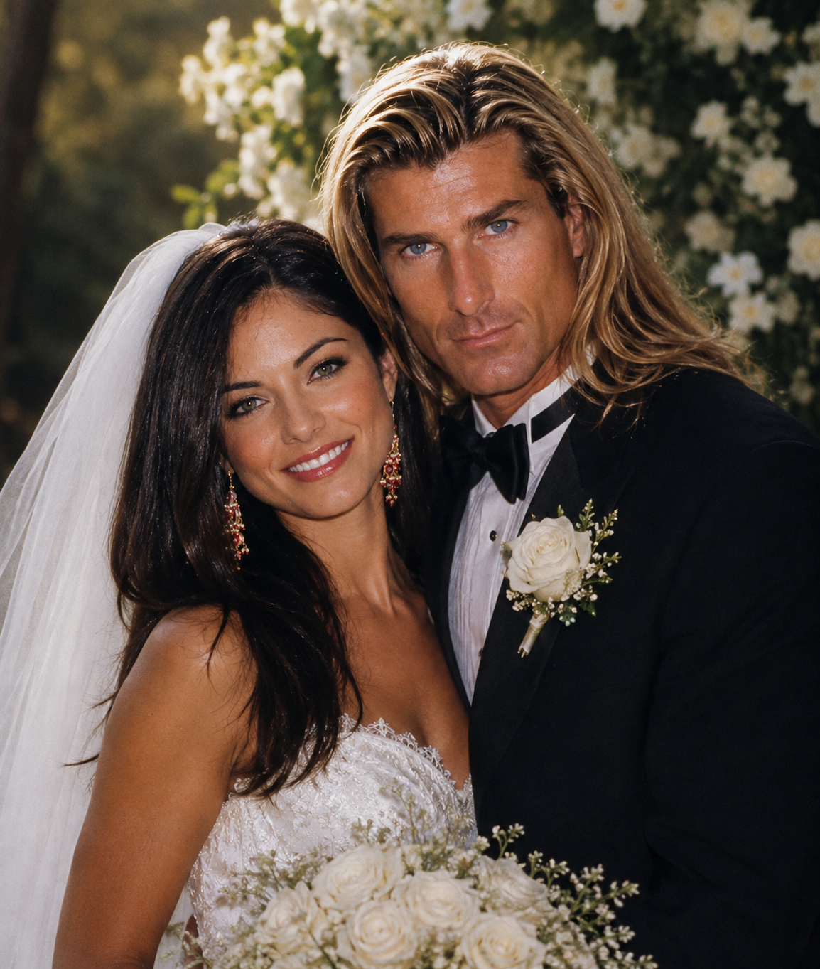 An AI-generated portrait captures Fabio in a classic black tuxedo embracing Larissa Meek in a lace wedding gown and veil, highlighting intricate bridal details and soft floral surroundings. | Source: ChatGPT