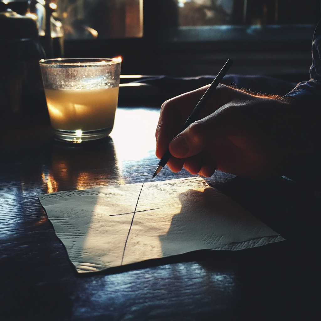 A man drawing on a napkin | Source: Midjourney